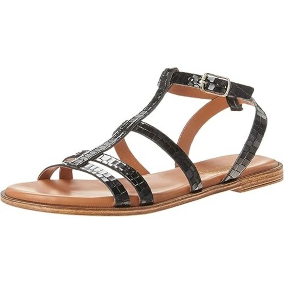 Bella Vita Women's Flat Strappy Sandal Black Croco Italian Leather Size 8.5 Wide - Picture 2 of 8